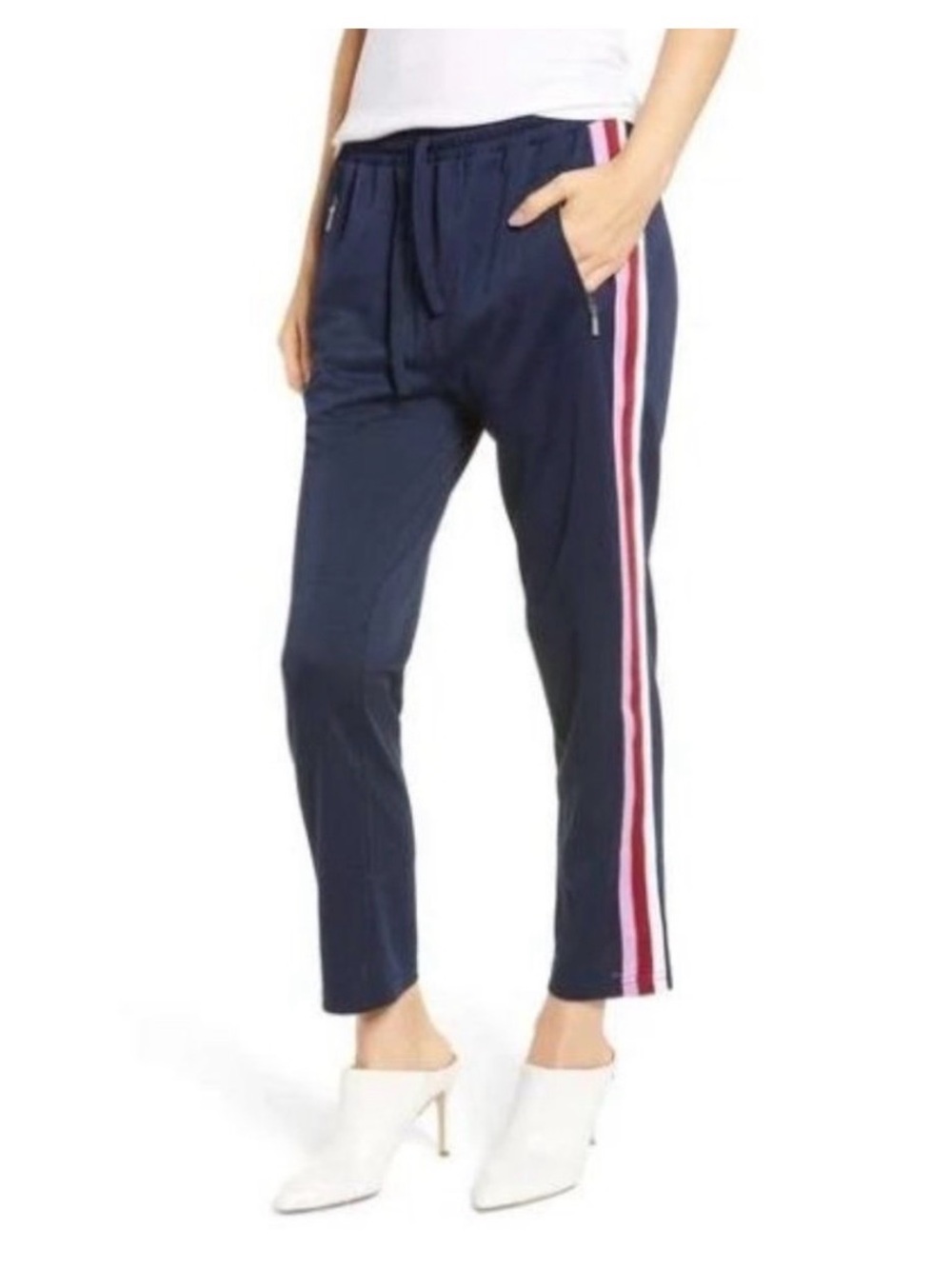 Rebecca Minkoff Navy Jolie Track Joggers with Pink & Red Side Stripes